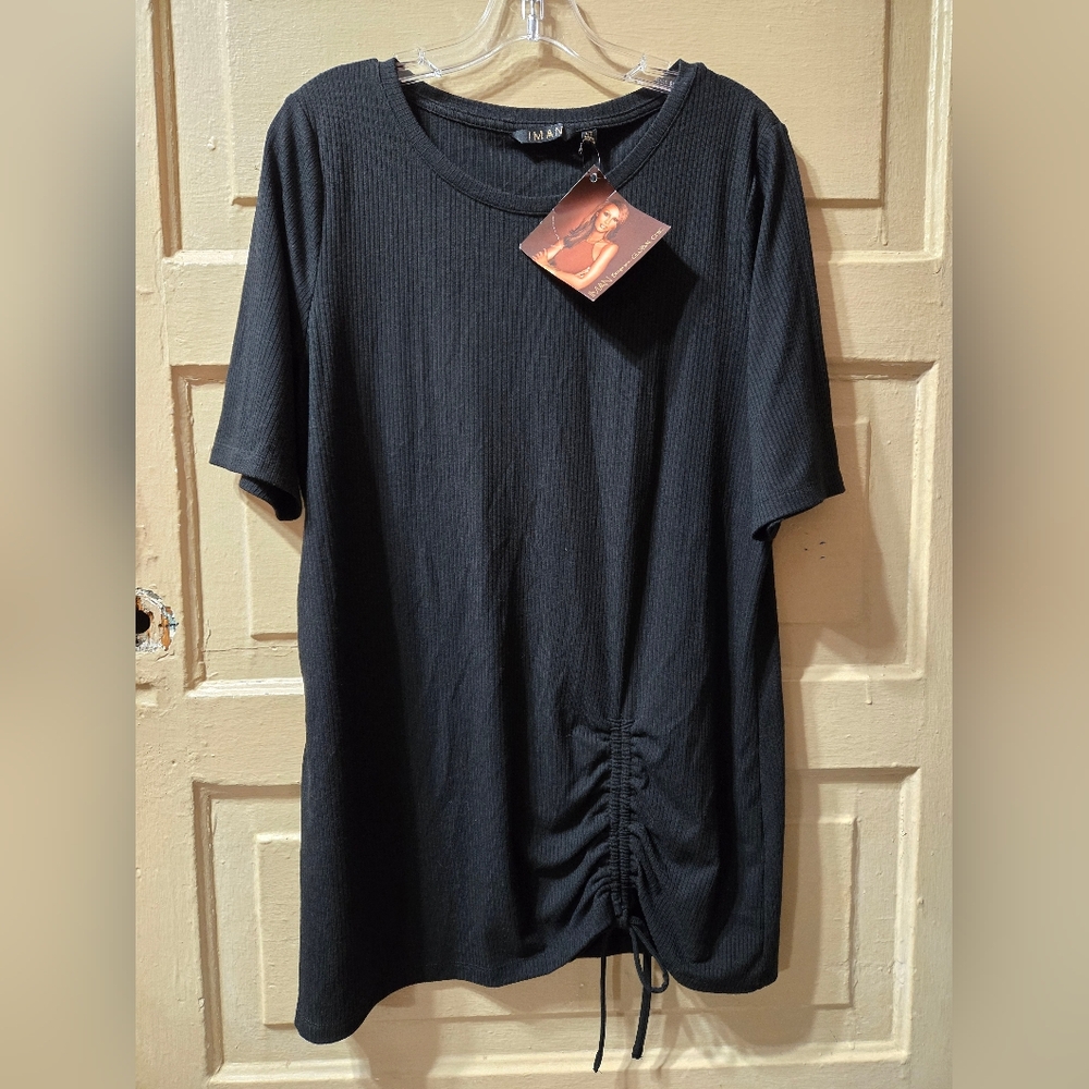 🌴IMAN Black Ribbed Short Sleeve Cinched Top NWT Size: LARGE TALL